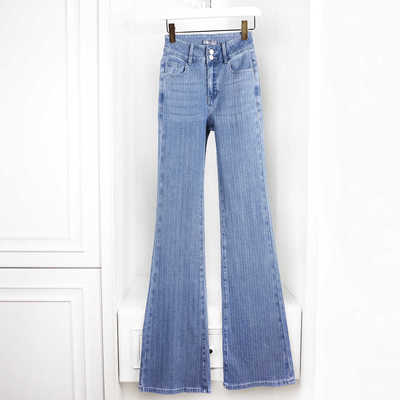 2025新款牛仔蓝阔脚裤竖条纹阔腿裤显瘦大喇叭加长女裤柔软垂坠