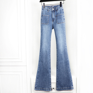 2025春季新款经典灰蓝色高腰贴袋复古显瘦修身喇叭牛仔裤加长女裤