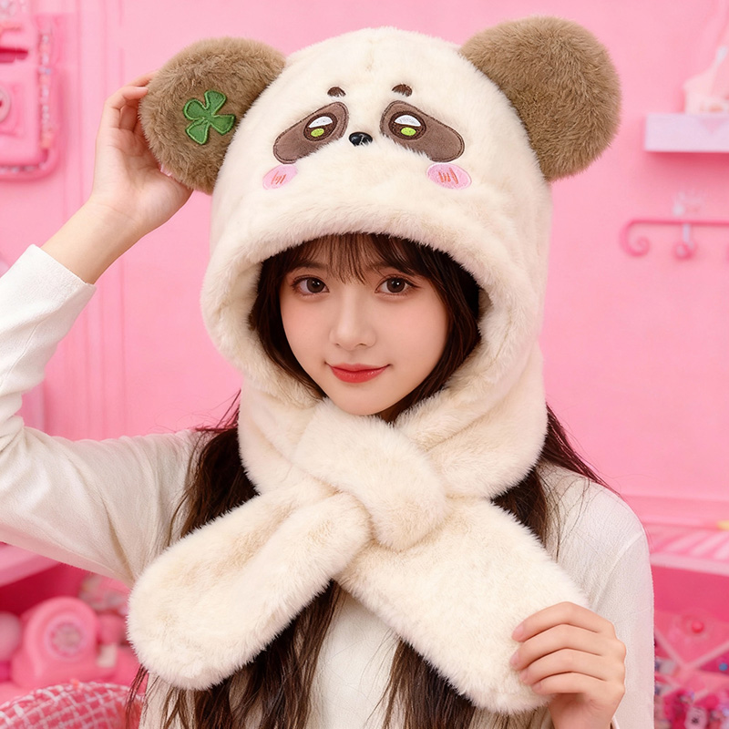 幸运小熊猫帽子围巾一体帽毛绒帽