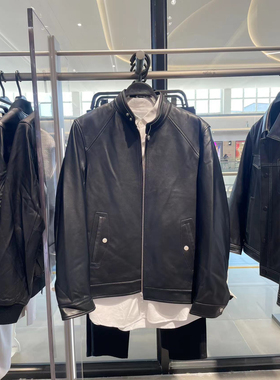 B1BDE4F05 太平鸟男装2024秋季新款黑色时尚绵羊皮立领拉链皮衣潮