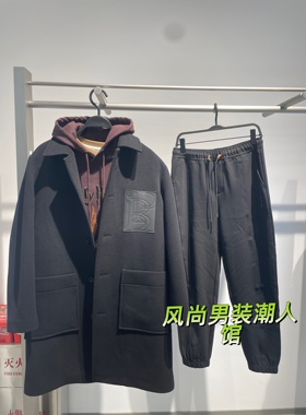 B1AAD4351 太平鸟男装2023冬季新款黑色时尚翻领毛呢大衣百搭保暖