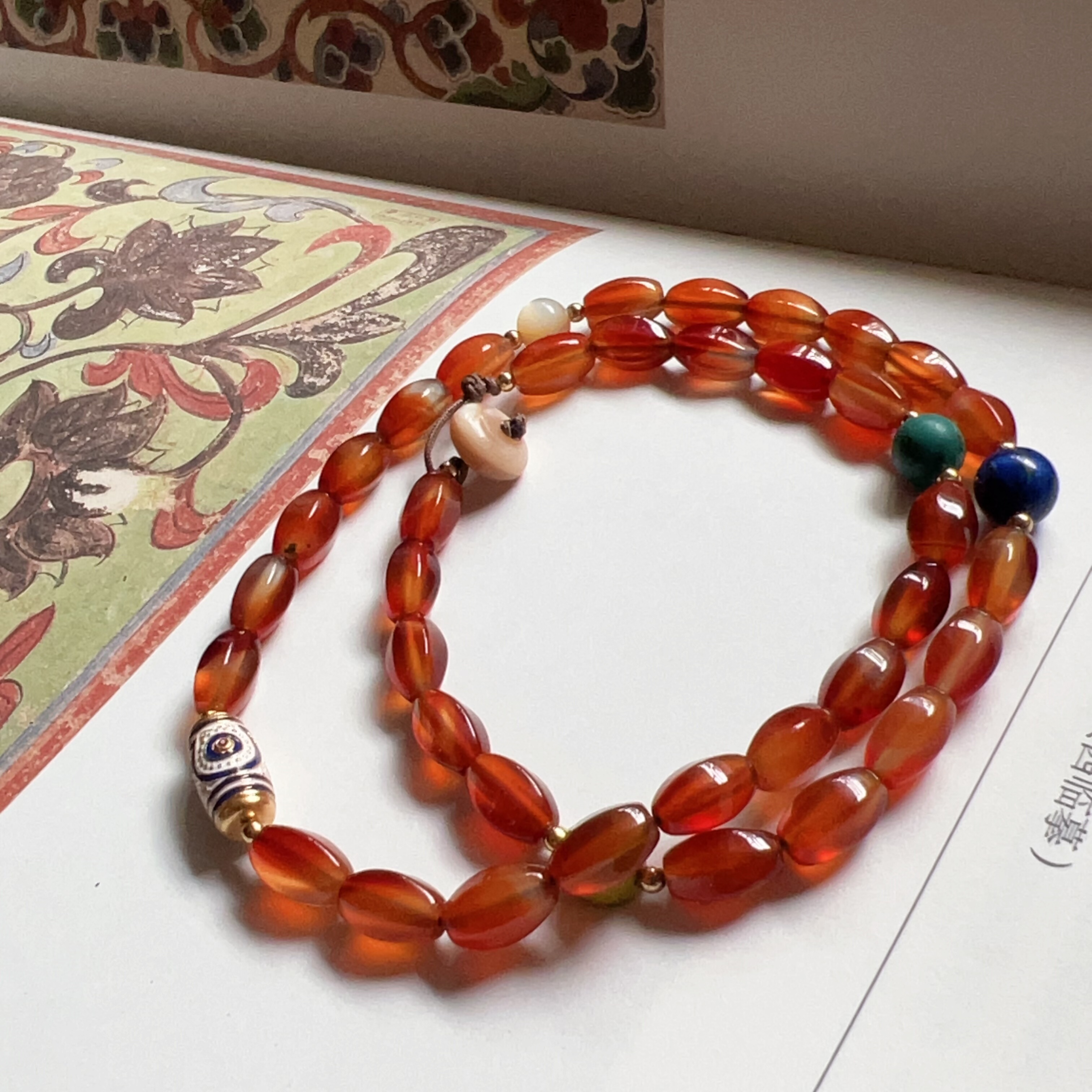 【傍晚的云】天然红玛瑙缠枝花纹项链原创设计 孤品复古珠串手工