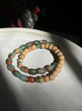 原创设计天然檀木玛瑙双圈手串原创设计小众高级感手链孤品文艺