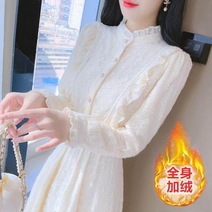 配大衣加绒加厚蕾丝打底连衣裙女秋冬季2025年新款中长款内搭裙子