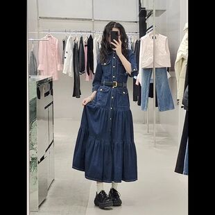 连衣裙女高端精致休闲气质收腰 深蓝色牛仔长袖 2025年春秋新款 女装