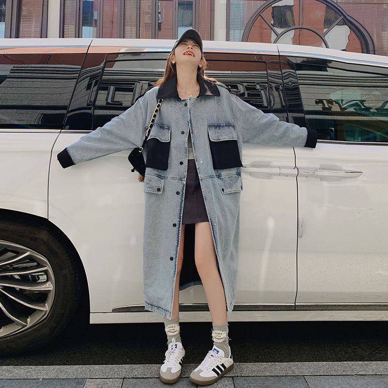 牛仔风衣外套女2025春秋新款设计感撞色口袋宽松过膝长款工装大衣