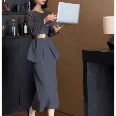 富家千金小香风灰色连衣裙套装