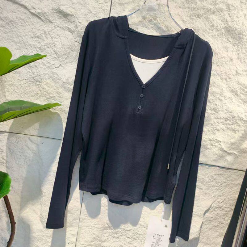 伊歌莉7236欧洲站新款连帽女装长袖T恤打底衫小衫假两件百搭时尚
