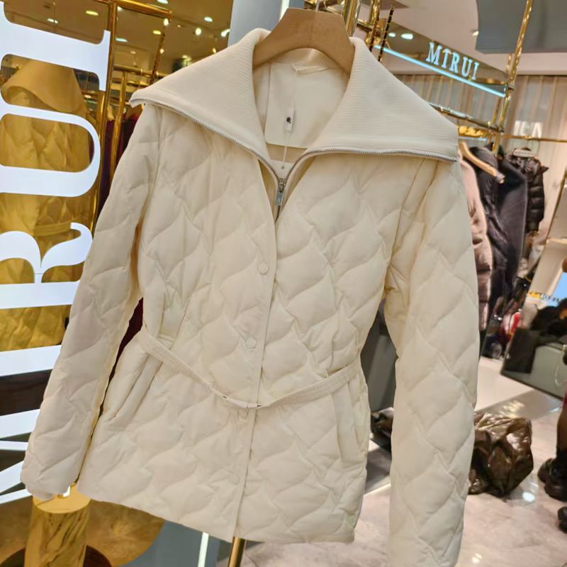 Q52666冬新款针织翻领女装加厚90白鸭绒羽绒服外套腰带时尚显瘦
