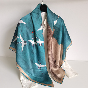 瑞鹤图100%桑蚕丝丝巾蓝色围巾110大方巾女防晒披肩杭州丝绸送礼