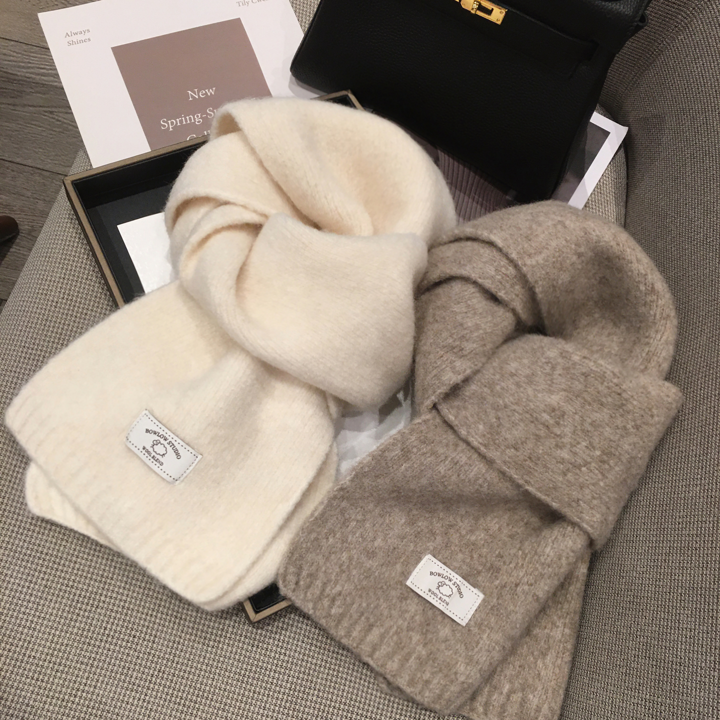 韩国纯色绵羊标混羊毛围巾羊毛混纺披肩冬季户外保暖毛线针织围脖