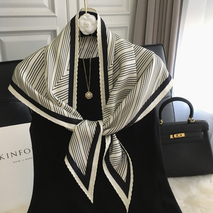 2026春季新款百搭条纹斜纹绸真丝羊毛菱形巾三角巾领巾丝毛围巾女