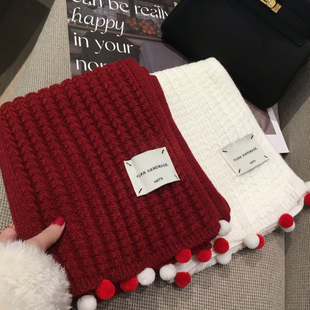 韩版冬季百搭甜美纯色毛线针织围巾长款披肩毛球设计学生保暖围脖