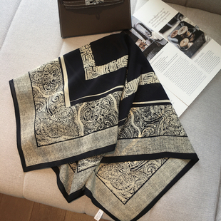 复古黑白100%桑蚕丝丝巾70cm真丝大方巾双绉围巾2025春季新款披肩