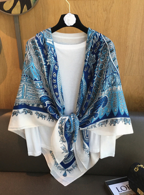 夏季新款百搭复古蓝130cm大方巾棉麻围巾女旅行防晒遮阳披肩两用