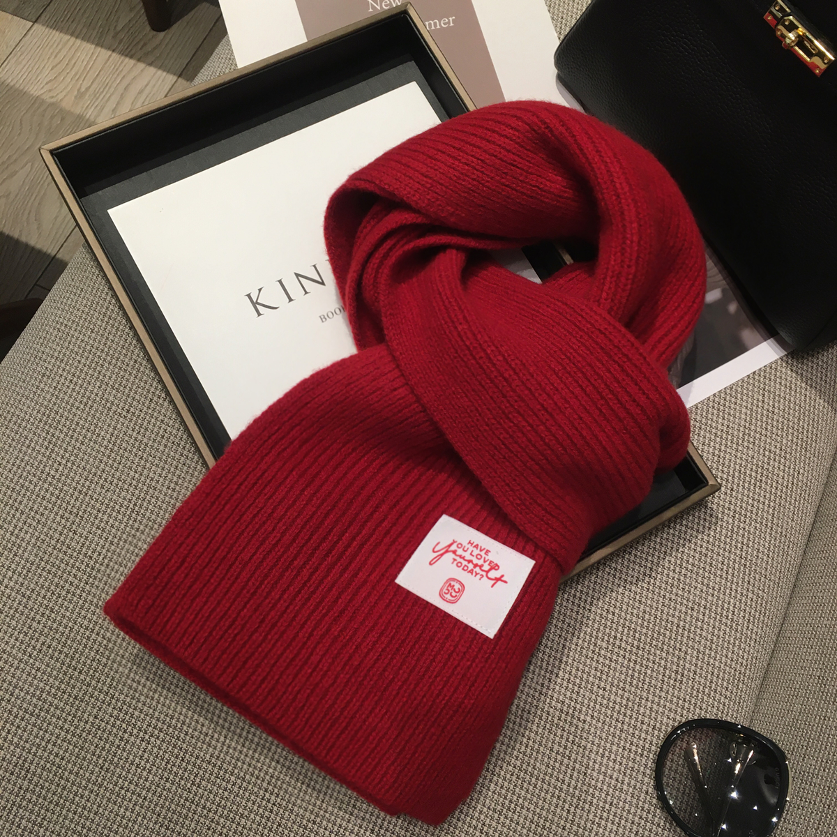 韩国设计感布标纯色WOOL100%羊毛围巾女冬季百搭学生户外保暖围脖