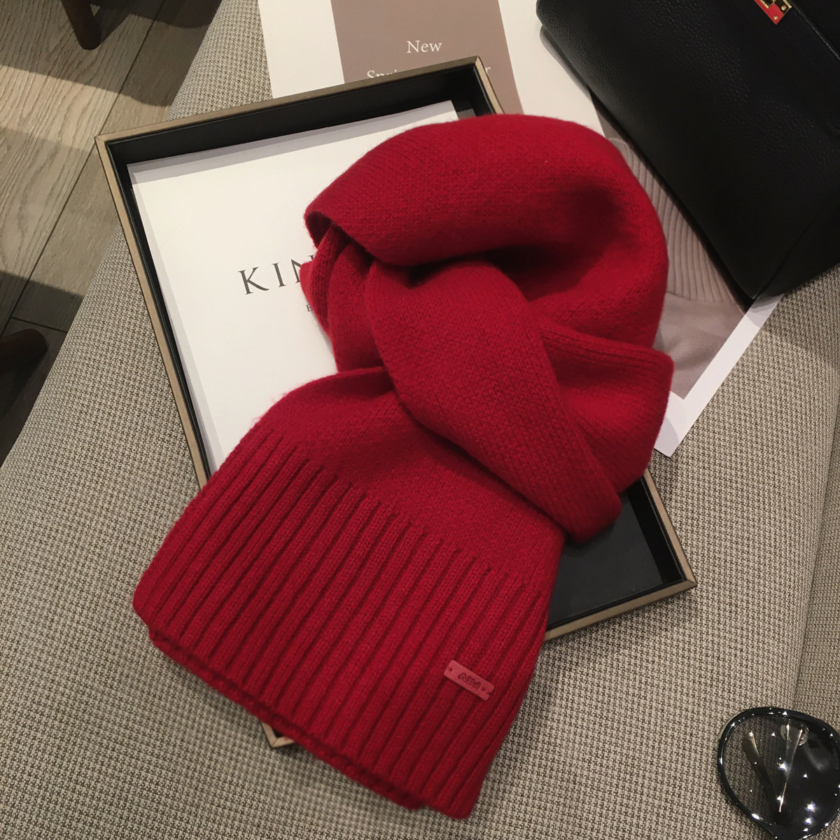 韩国百搭同色标设计100%纯羊毛围巾冬季户外保暖竖纹拼接纯色围脖