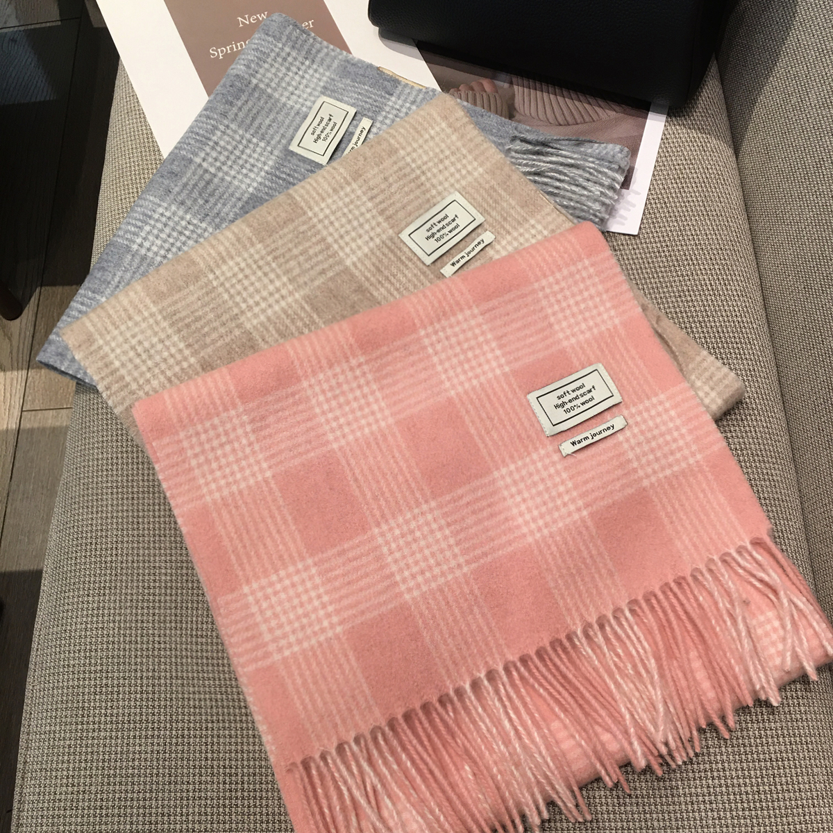 小溜家 12月9日新品 冬季百搭拼色格纹WOOL100%羊毛围巾披肩两用