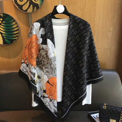 夏季新款设计感花丛字母130cm大方巾棉麻围巾女防晒遮阳披肩两用