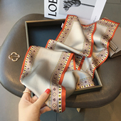 春季 韩国百搭素雅拼色双面真丝围巾100%桑蚕丝丝巾女长条细窄领巾