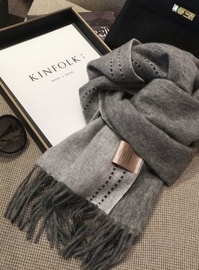 百搭100%WOOL纯羊毛围巾女纯色缝线设计双面羊毛披肩冬季保暖围脖