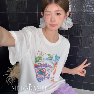 ME KAKAMEE-新品喷画花卉立体花朵工艺设计感大版面膜短袖T恤9390