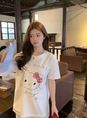 ME KAKAMEE-春新品设计素描KT拼接蕾丝花边宽松大版短袖T恤S3921