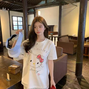 ME KAKAMEE-春新品设计素描KT拼接蕾丝花边宽松大版短袖T恤S3921