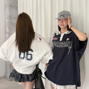 KAKAMEE 短袖 款 学院风KT刺绣花边POLO领宽松大版 T恤S3819 新品