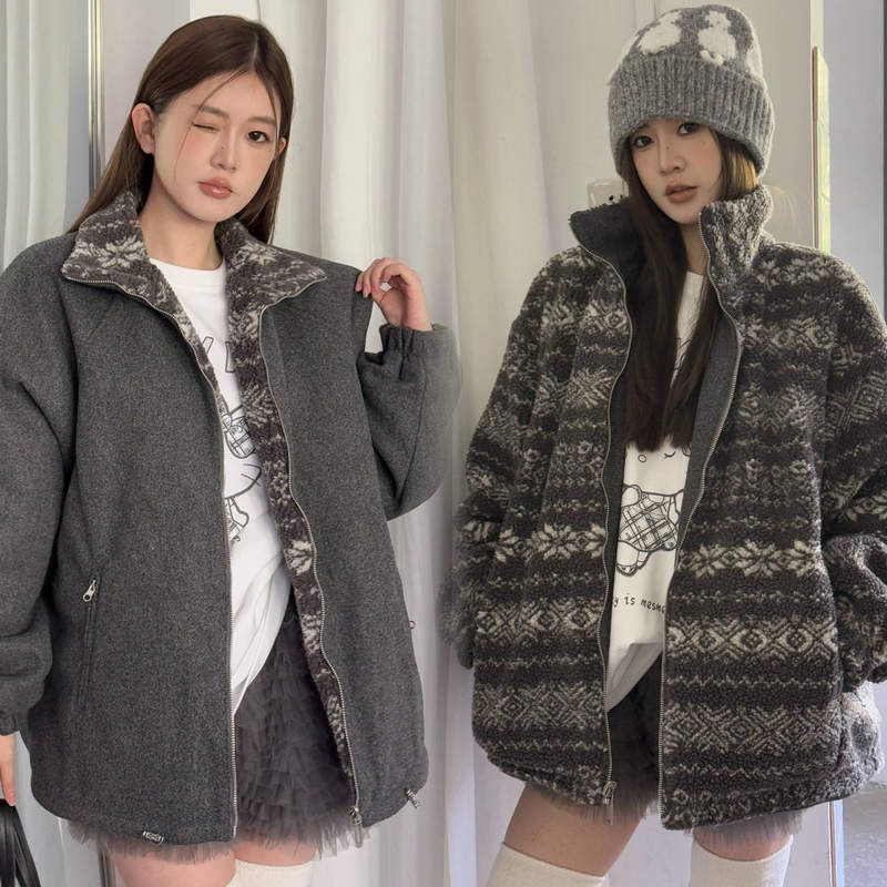 冬季法式 毛呢377ME拼接花纹S羊羔绒EE复古1KAKAM两面穿外套夹克