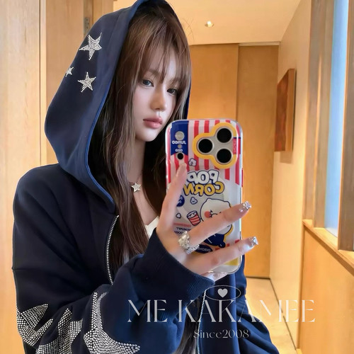 ME KAKAMEE-新品美式重工星星烫钻松弛感连帽宽松大版短外套S5627