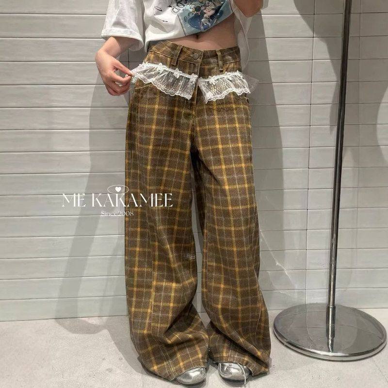 复古EE蕾丝拼接薄款牛仔裤春KAKAM十三行ME高腰C0695黄格子格纹,女装/女士精品,牛仔裤,淘宝优惠券,粉丝福利购,淘宝优惠卷