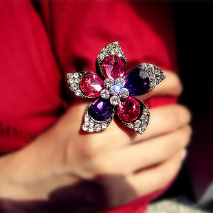 欧美回流少量铜质闪钻紫粉水晶宝石花朵轻奢浮夸食指大戒指女特价