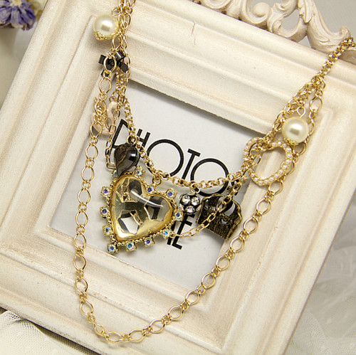 美国捡漏BJ打标镀金朋克少女反战爱心闪钻皇冠天鹅多层复古项链特