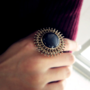欧美时尚外贸个性拜占庭风深灰猫眼石烧金宫廷复古女王食指戒指特