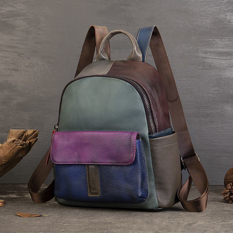 真皮女包复古民族风背包彩色拼接双肩包大容量时尚个性旅行包新款