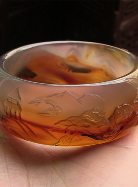 天然巴西玛瑙手镯/原色无忧化/纯手工巧雕/国画风景图/玉髓2085