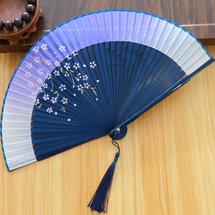 中国风折叠扇子女式汉服旗袍走秀舞蹈专用丝绸喷绘古风折扇紫色小