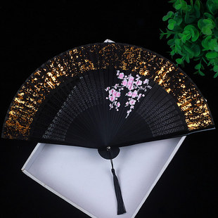 中国风折叠扇子汉服随身女式 小 古风折扇洒金扇面丝绸竹扇镂空日式