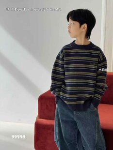 大E小e2025冬款男童韩版条纹毛衣水貂绒儿童洋气针织衫上衣99998