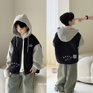 布芮欧童装25秋冬新款男童女童拼色一体绒袖夹薄棉连帽外套86606