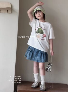 童乐鱼2026夏季新款女童韩版宽松纯棉蘑菇短袖T恤上衣打底衫66001