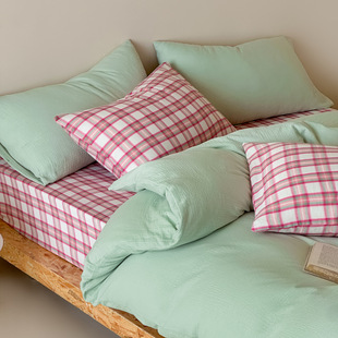 2026全棉A类母婴级格子纯色混搭四件套 纯棉双层纱皱皱纱公寓床品