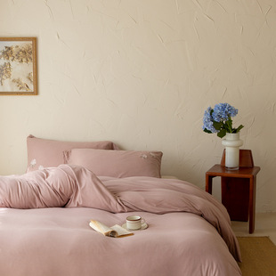 新款针织磨毛发热双面绒四件套日式简约刺绣色织磨毛拉绒针织