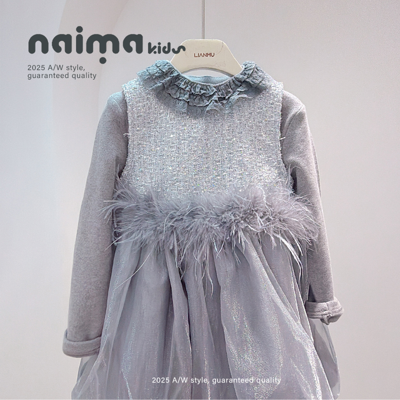 冬款连衣裙2025冬新款加绒背心裙宝宝礼服裙鸵鸟毛网纱公主生日裙