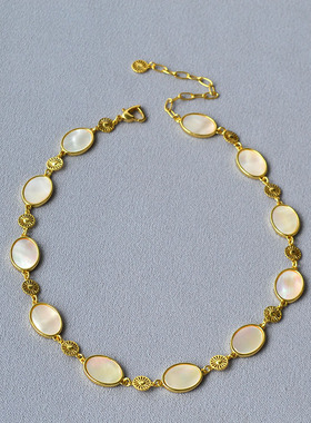 法式小众设计复古简约椭圆白色母贝黄铜镀金简约气质项链锁骨链女