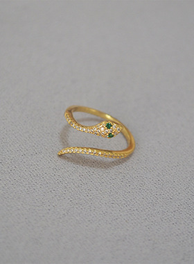 绿色眼睛满钻小蛇开口戒指镀金女