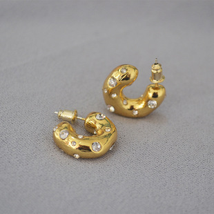 欧美原创小众潮人chunky不规则粗笨小耳圈闪钻s925银针耳钉耳饰女