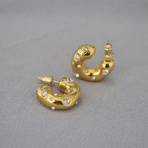 欧美原创小众潮人chunky不规则粗笨小耳圈闪钻s925银针耳钉耳饰女