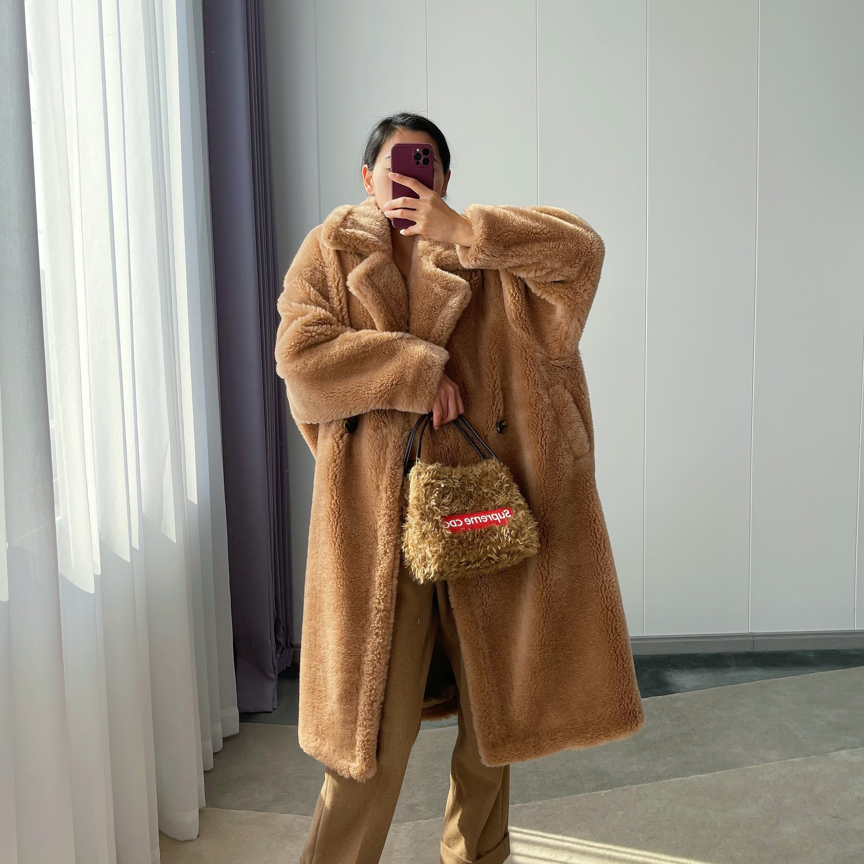 M家泰迪熊大衣羊毛外套中长驼色